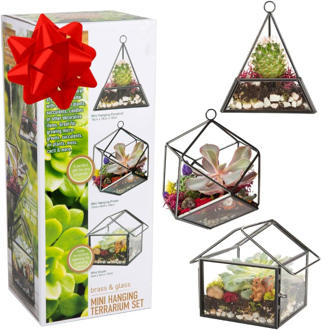 D'Eco Glass Mini Geometric Plant Terrariums, 3Pk- Hanging Triangle, House & Prism Planters for Home Decor - Fill w/Succulents, Holiday Decorations, Mini Trees & Ornaments- Xmas Gift for Plant Lovers