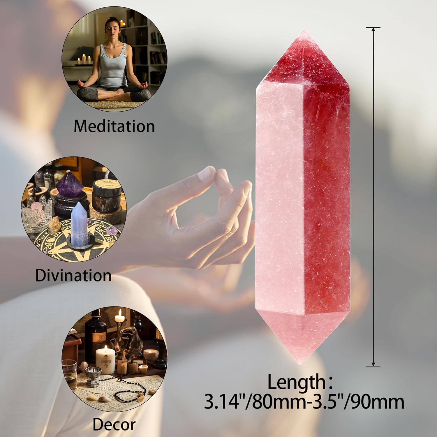 YATOJUZI 3.5" Strawberry Quartz Healing Crystals Wand Natural Crystals and Healing Stones Large Hexagonal Strawberry Quartz Crystal Points for Meditation Divination Reiki Energy Balancing 1PCS