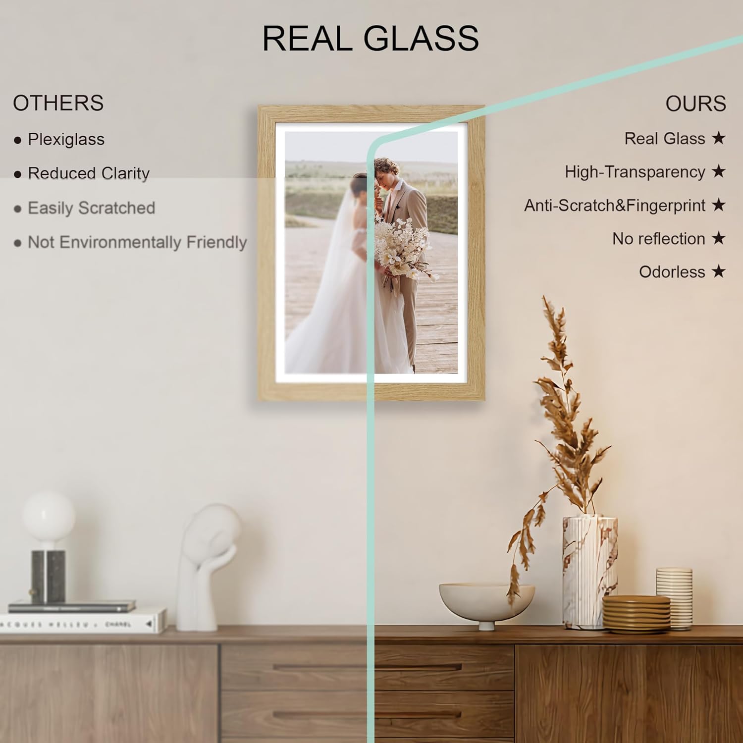 11x15 Picture Frame Set of 4, Made of Real Glass and Natural Oak Frame - Display Picture 10x14 with Mat or 11x15 Without Mat, 11 by 15 Photo for Wall Mounting
