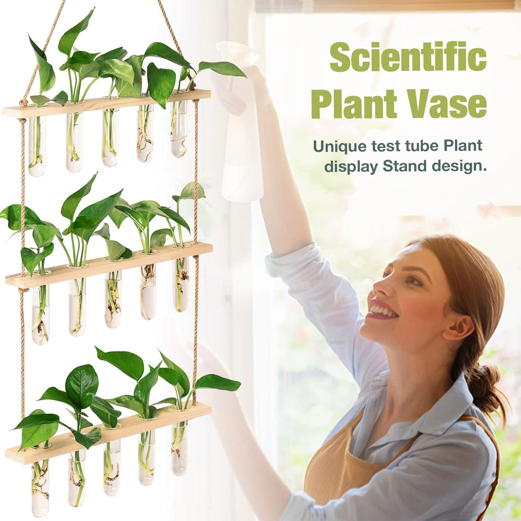 XXXFLOWER Wall Hanging Propagation Station with Wooden Stand 5 Glass Test Tubes 3 Tiered Planters Wall Terrarium for Home Office Plant Hanger Flower Vases Wall Decor Hydroponic Cuttings