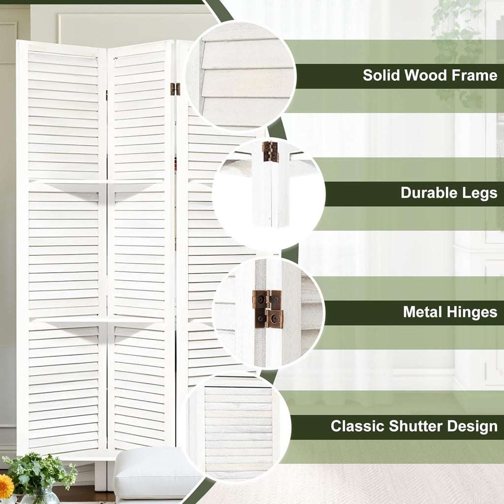 NicBex 6 Panel Room Divider,5.6FT Wood Carved Room Dividers with Display Shelves Folding Privacy Screens Portable Freestanding Partition Wall Dividers for Room Separation,Home Bedroom Office,White