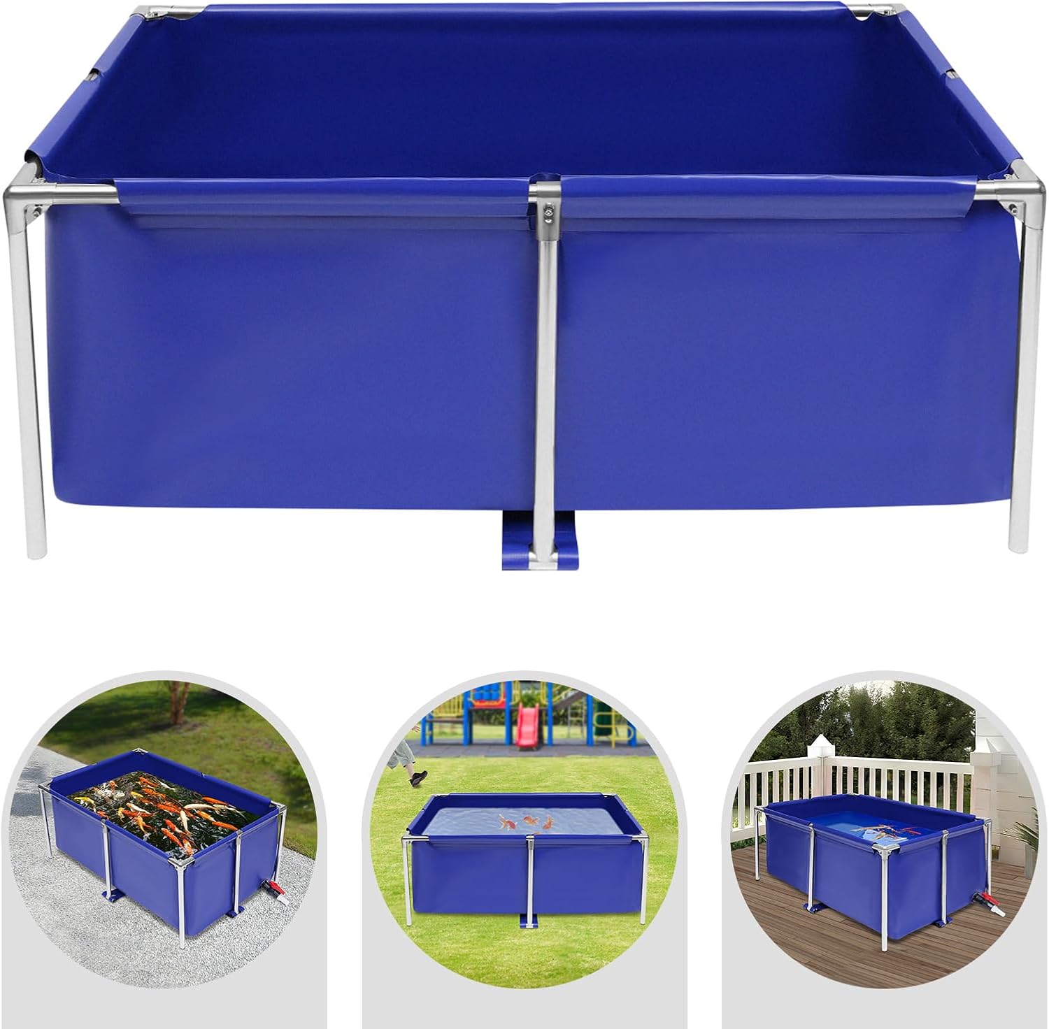 Canvas Above Ground Fish Pond, Blue Foldable Water Storage, Display Show Tank, Koi Pond, Aquarium Pool with Stainless Steel Frame, Drain Valve or Breeding Koi & Irrigation