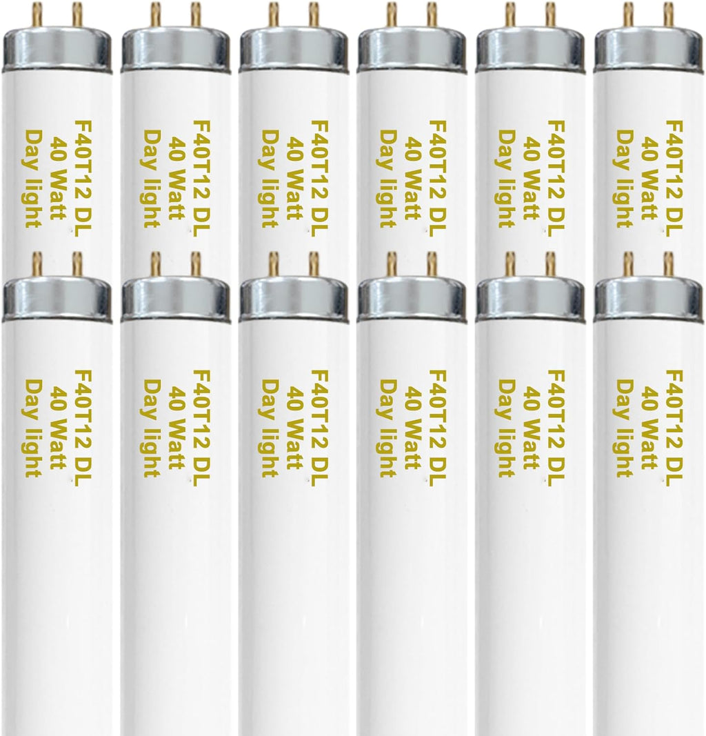 48 Inch F40T12/DL 40W 6500K Daylight Fluorescent Light Bulbs, 4ft T12 Linear Tube Lights F40T12/865, 2650 Lumens, G13 Bi-Pin 12 Pack