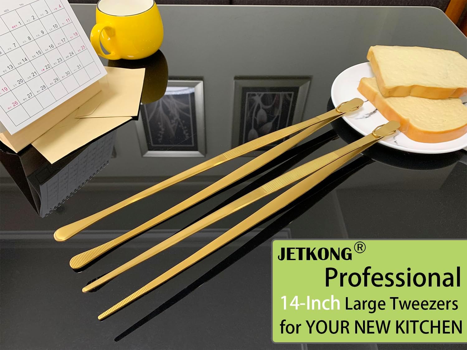 JETKONG 2 Pcs 14-Inch Cooking Tweezers Extra Long Stainless Steel Food Tweezers Kitchen Tweezer Tongs (Gold)