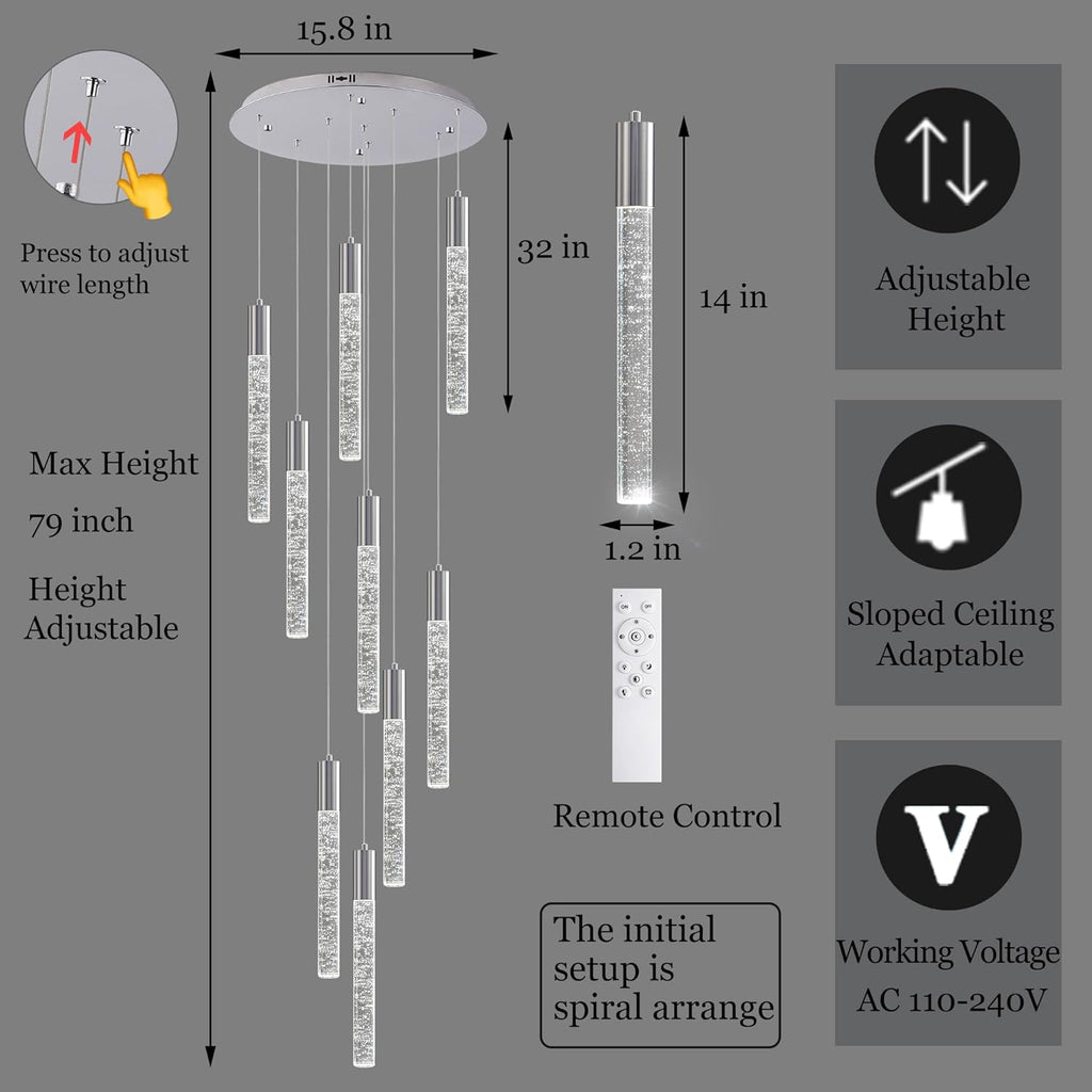 High Ceiling Crystal Chandelier 9-Lights, Spiral Dimmable LED Raindrop Foyer Pendant Light, Bubble Staircase Living Room Hanging Lighting Fixture Chrome
