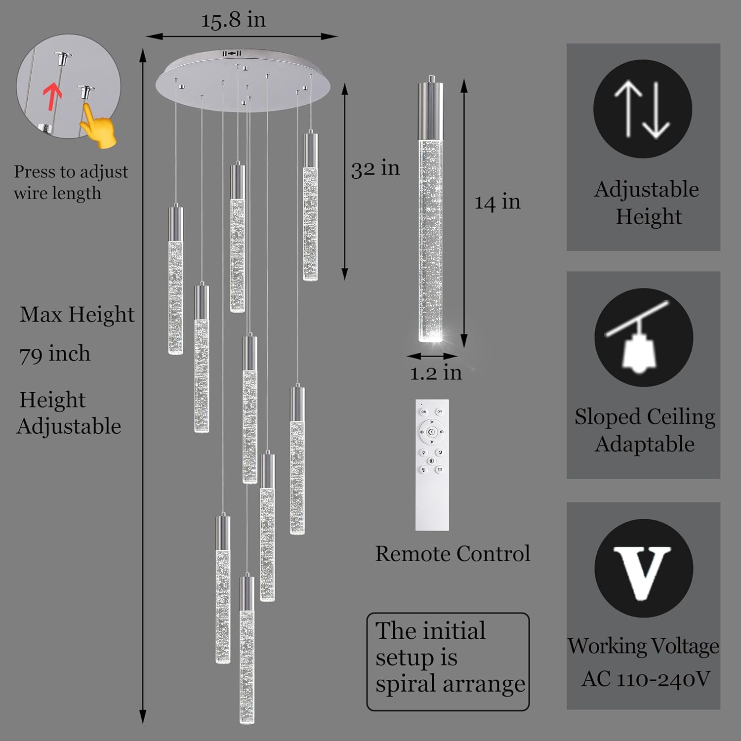 High Ceiling Crystal Chandelier 9-Lights, Spiral Dimmable LED Raindrop Foyer Pendant Light, Bubble Staircase Living Room Hanging Lighting Fixture Chrome
