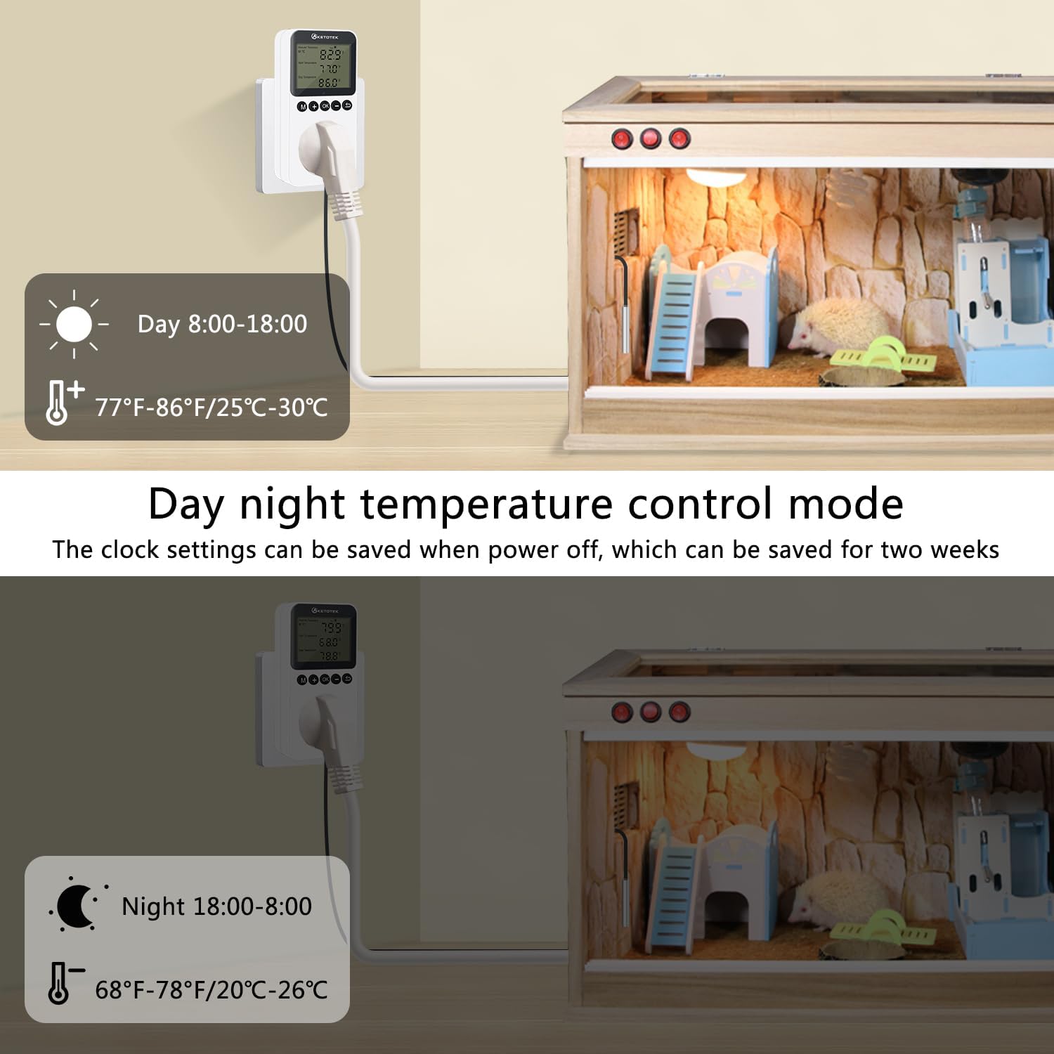 KETOTEK KT3200PRO Digital Temperature Controller Outlet Day Night Thermostat Plug Socket Heating Cooling Temp Controller with Sensor Timer Regulator for Reptile Greenhouse Brewing Refrigerator