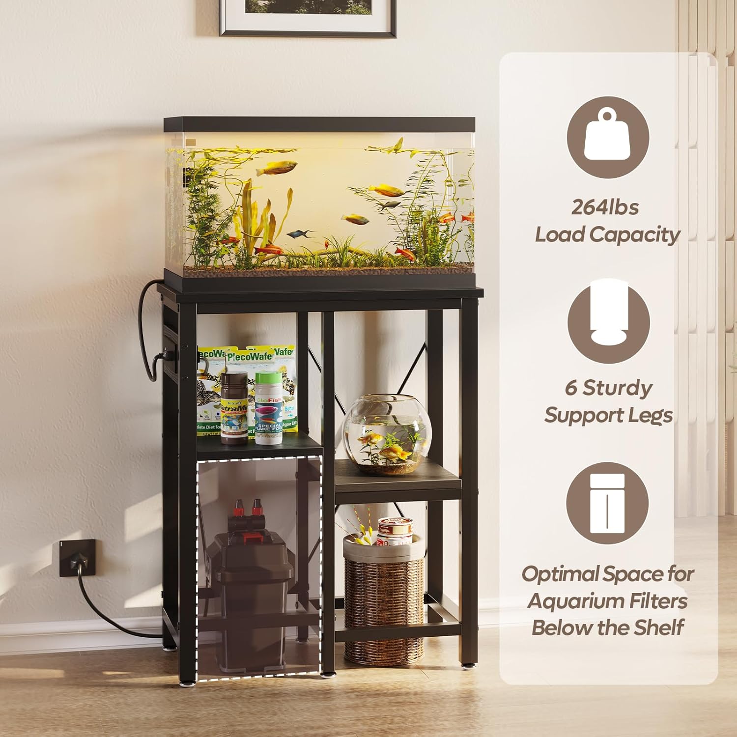 Bestier 10 Gallon Fish Tank Stand with Power Outlet, 20.3x10.6 Metal Aquarium Stand with Filter Storage, 6-Leg Reptile Tank Stand with 3-Tier Adjustable Storage Shelves, 264LBS Capacity，Black Oak