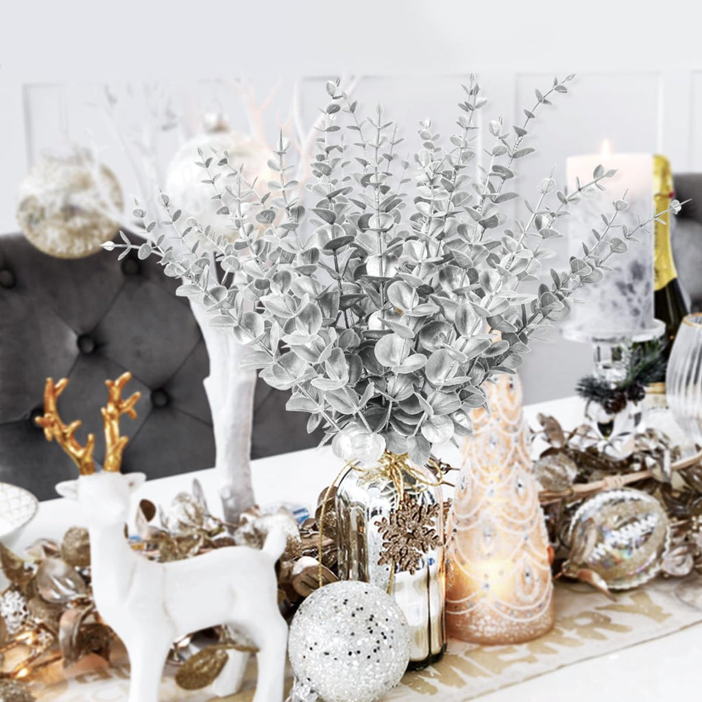 RECUTMS 36Pcs Silver Eucalyptus Leaves Stems 15 inch Artificial Eucalyptuses Leaf Branches Faux Flower Bouquet for Winter Wedding Centerpiece Floral Arrangement Christmas Picks Office Home Table Decor