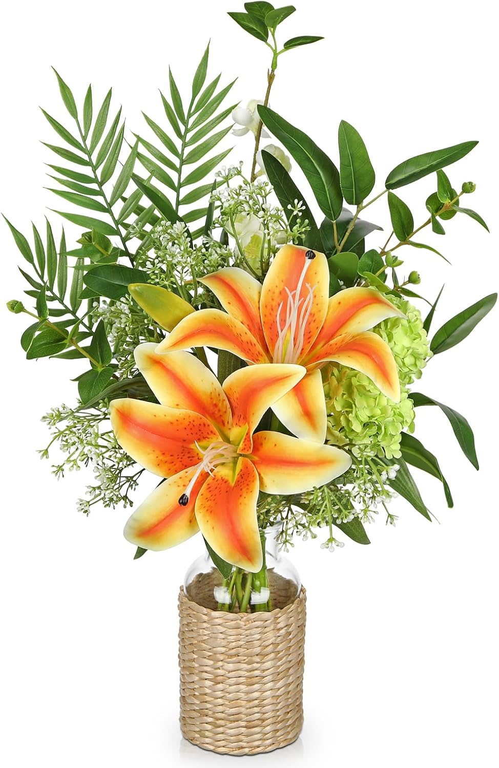Hollyone Fake Flowers with Vase, Orange Silk Tiger Lily Artificial Flowers in Vase, Faux Plants and Flowers Arrangement Bouquets with Vases for Table Centerpieces Office Bathroom Home Decor