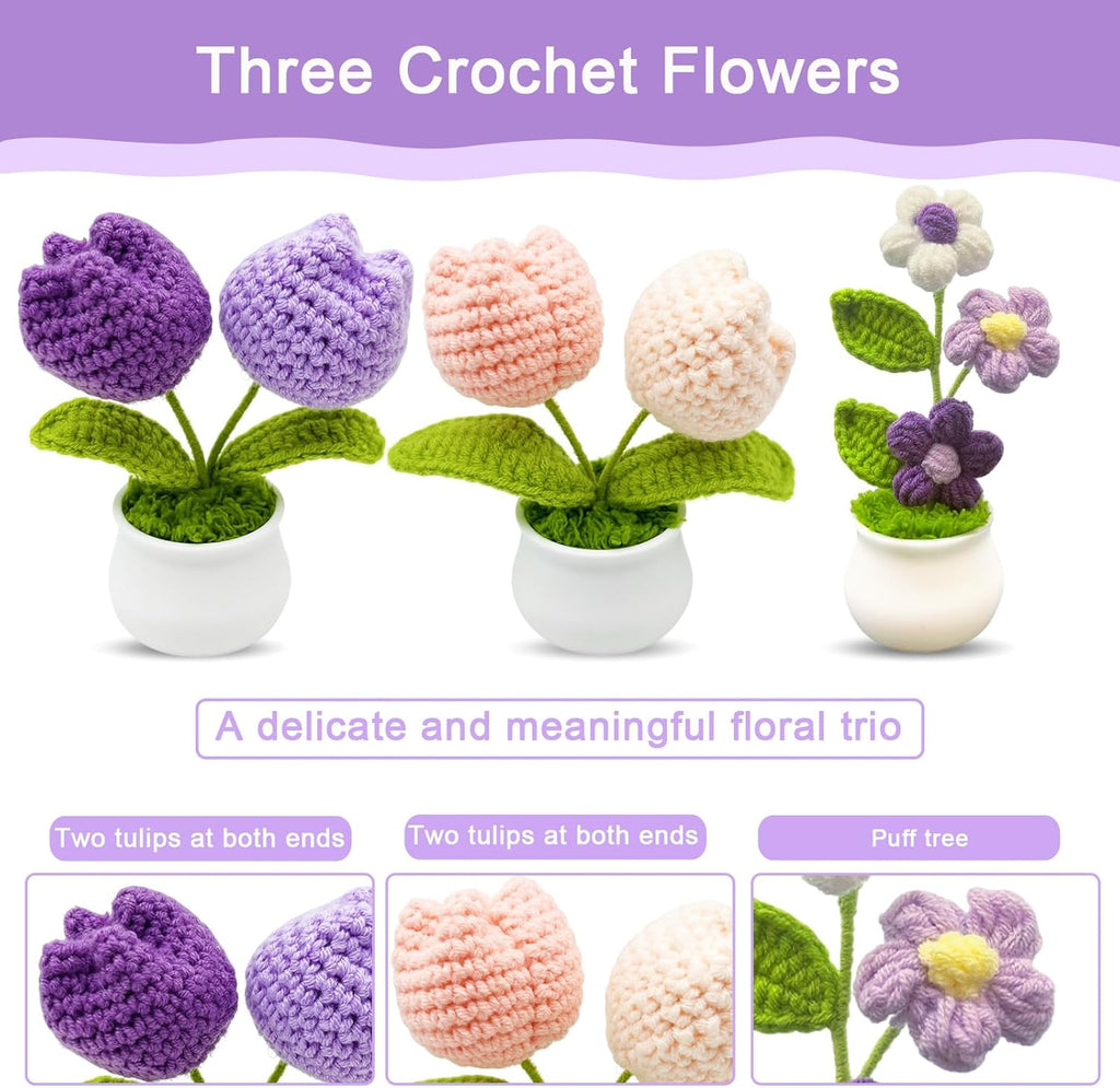 3pcs Crochet Flowers Cute Potted Flower,Mini Flower Bouquet for Mom Wife, Cute Desk Decor for Women,Artificial Handmade Flowers for Car Dashboard,Home Office Decoration (Color#5)