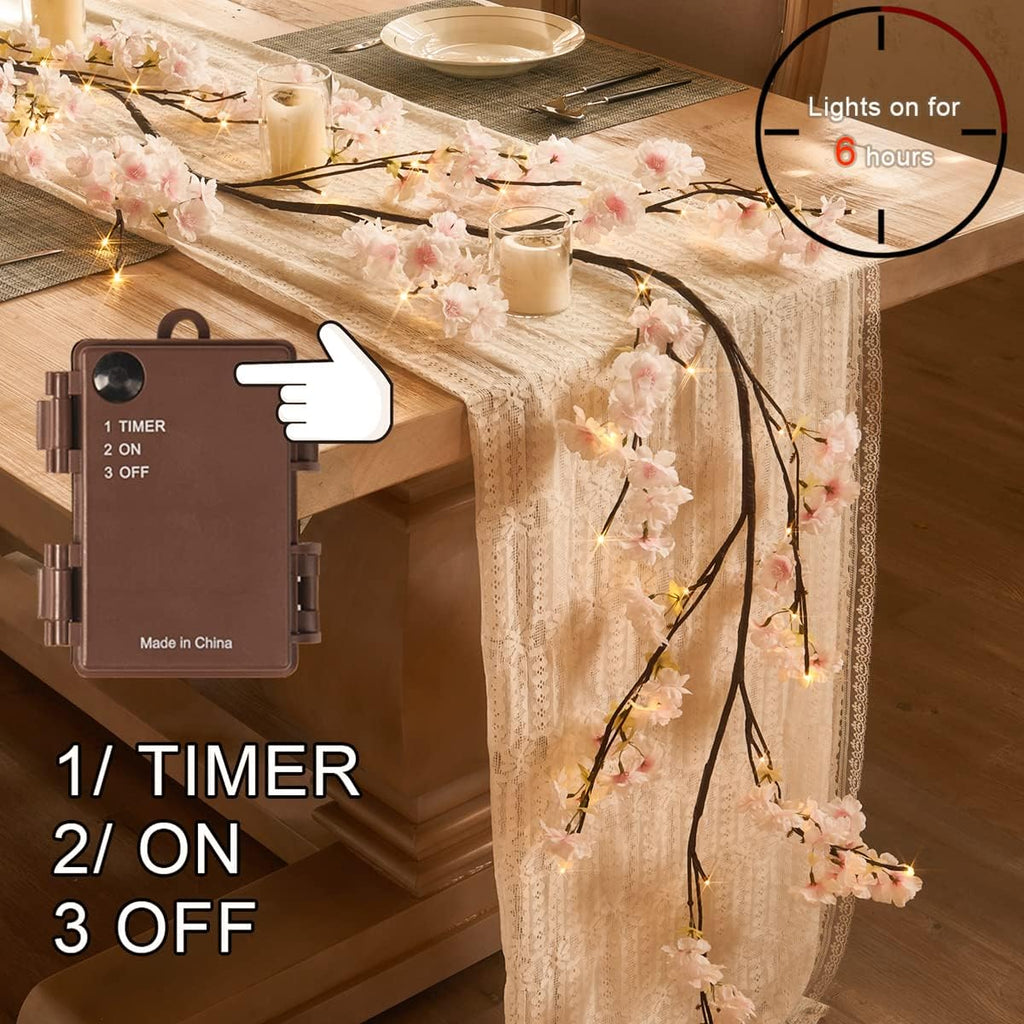 Fudios Lighted Garland Spring with Cherry Blossom 96 Fairy Lights 6FT for Mantle Year Round,Flower Garland with Lights with Timer Battery Operated for Wedding Party