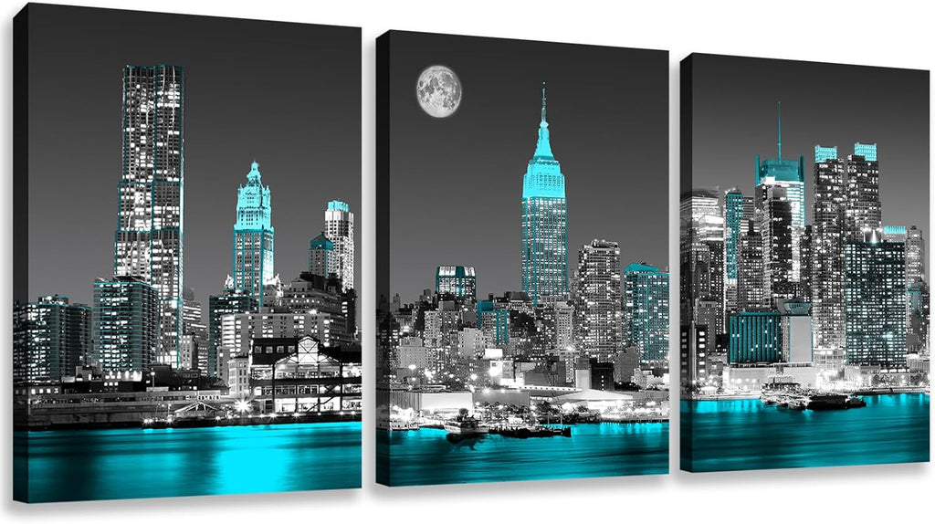 The Mode Art 3 Panels City Night View Picture Canvas Print blue Cityscape Poster Photo Painting Modern Wall Artwork for Home Office Living Room Bedroom Decor Gallery Wrap 12x16inch