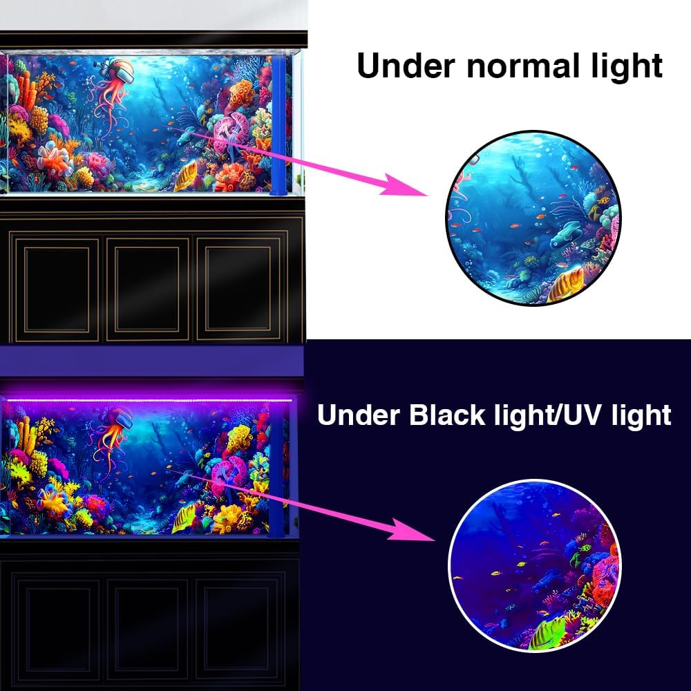 48X18IN Blacklight Ocean HD 3D Black Light Aquarium Background UV Reactive Octopus Background Terrarium Background with 10 EVA Double-Sided Tape with 10 EVA Double-Sided Tape