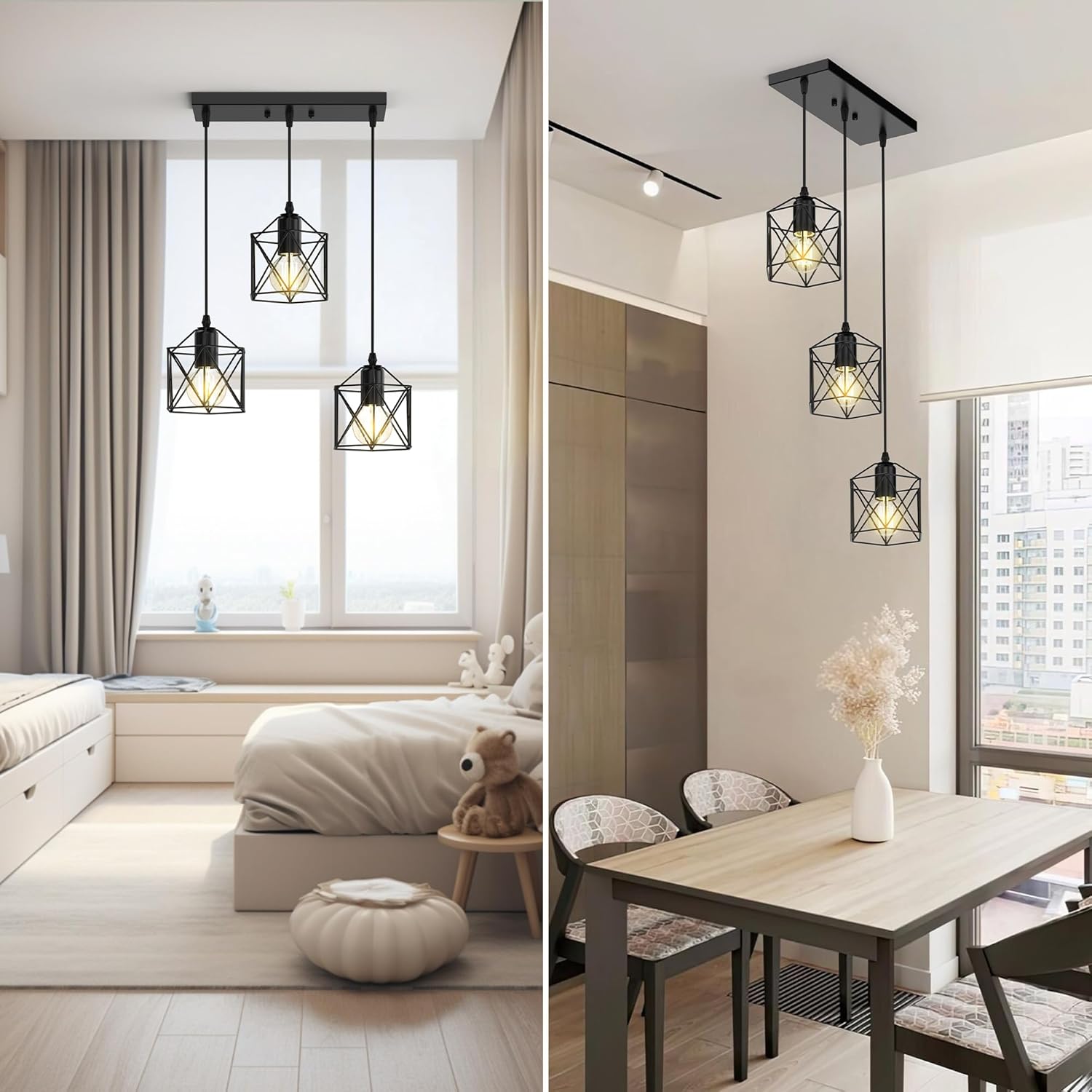 3-Light Pendant Lighting, Farmhouse Hanging Light Fixture for Kitchen Island & Dining Room, Industrial Vintage Ceiling Lamp with E26 Base, Adjustable Height, Matte Black