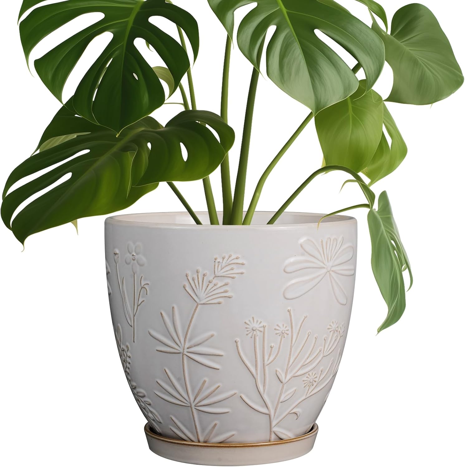 8 Inch Ceramic Pots for Plants Large Planter Pot with Drainage Hole and Saucer Round Flower Pot for Indoor Outdoor Decor, White