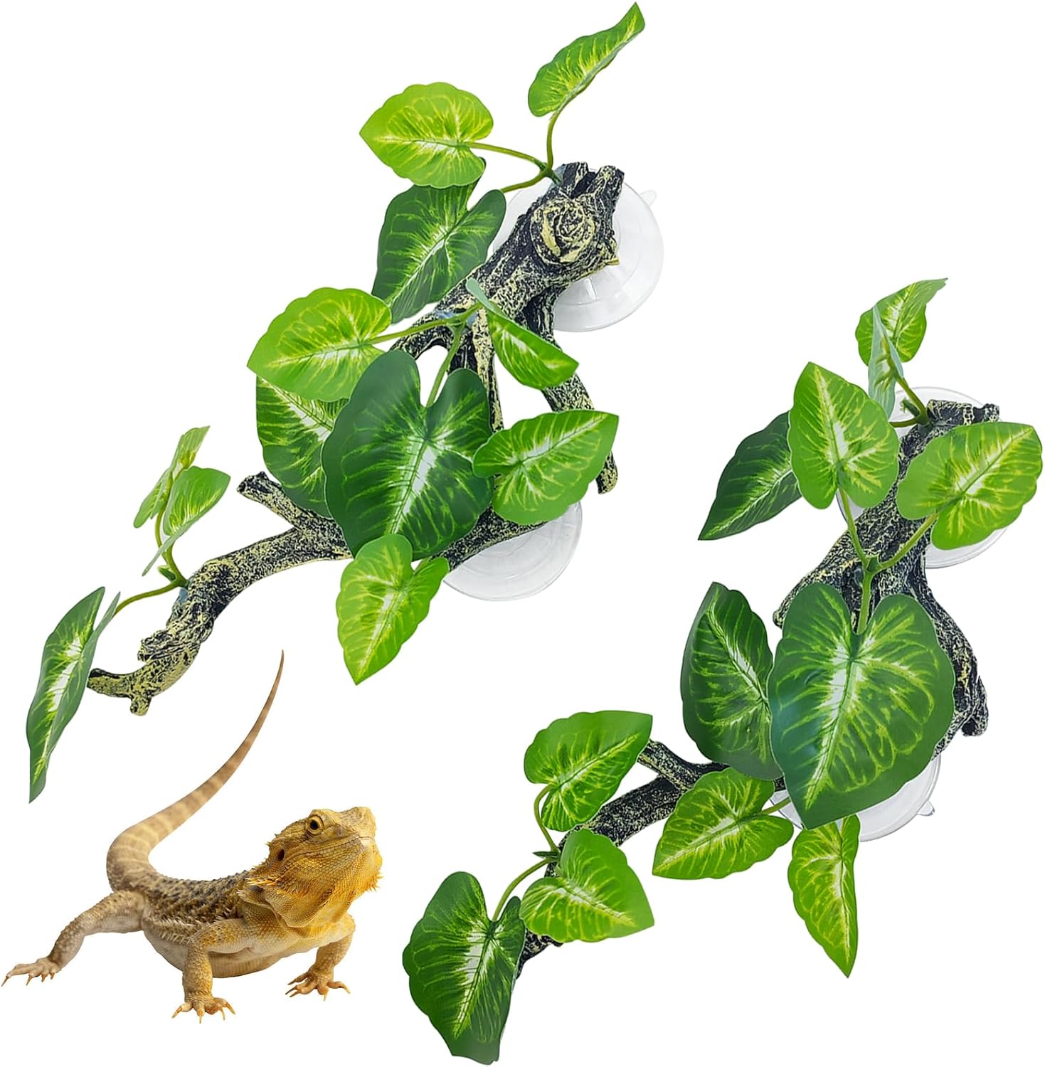 Snake Climbing Branch, 2 Pcs Resin Reptile Corner Branches for Climbing with Suction Cup, Bearded Dragon Tank Plant Decor Gecko Enclosure Ornament Terrarium Accessories for Lizard Corn Snake