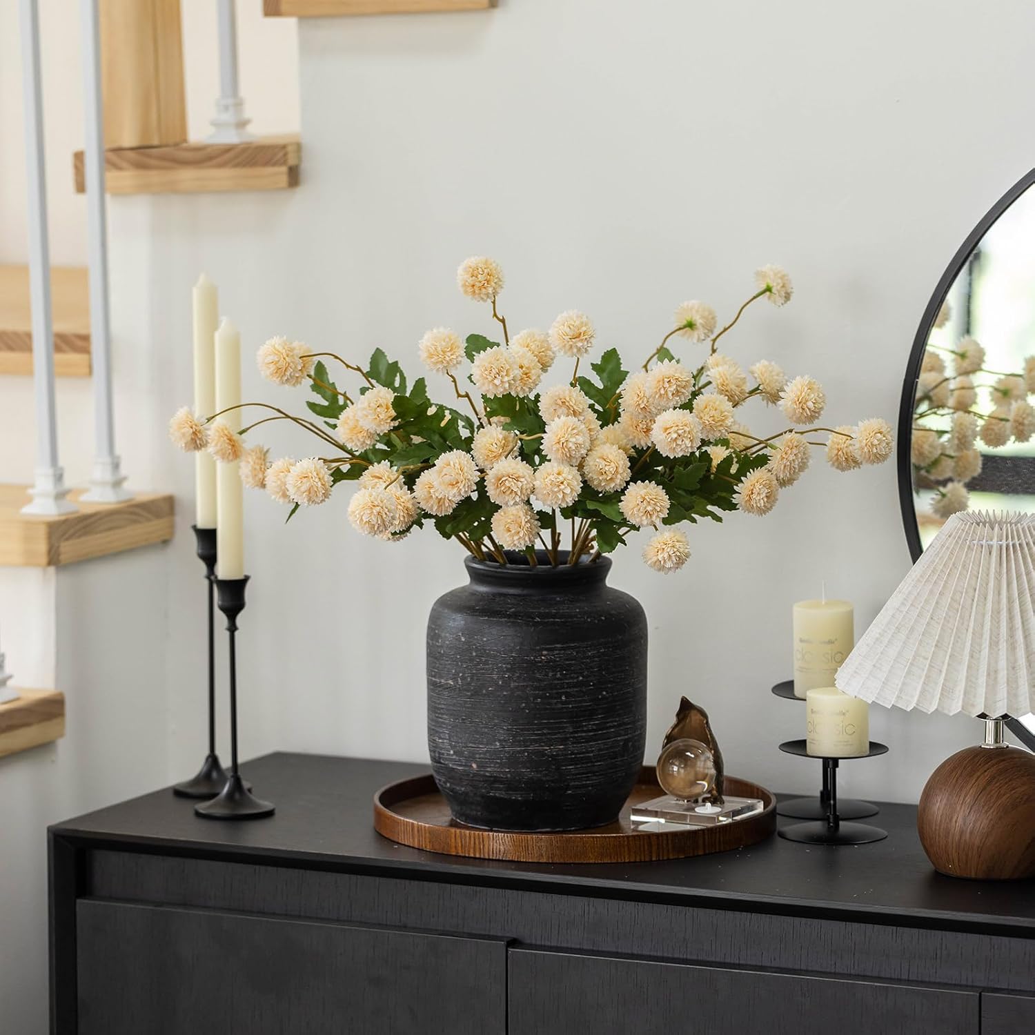 mizii 6Pcs Beige Fake Silk Pompon Mum Artificial Flowers Bulk Small Faux Chrysanthemums with Stems Floral Decorations for Wedding DIY Bouquet Centerpieces Shower Vase Home Decor (Bright Beige)