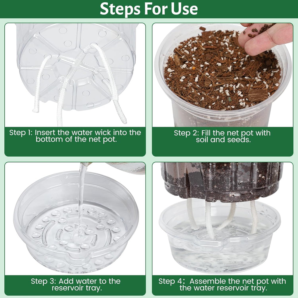 12 Pack 6.5 Inch Clear Self Watering Plant Pots with Bottom Water Tray & Watering Rope, Transparent Nursery Pots with Drainage for Seedlings, Herbs, and Houseplants
