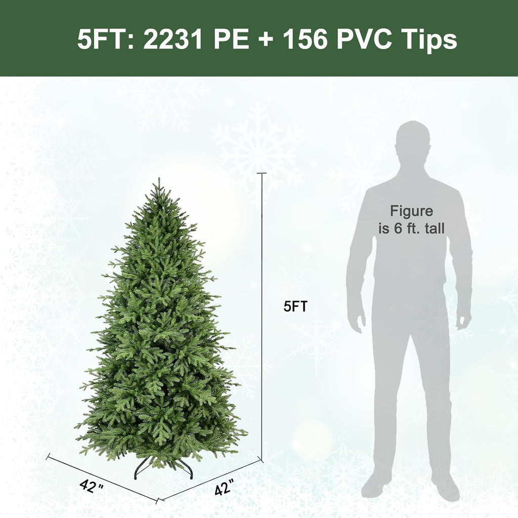 5ft Artificial Christmas Tree with 2231 PE Needles, More Realitic, Unlit Premium Spruce Fake Xmas Trees, Green, Hinged Branches, Foldable Metal Stand