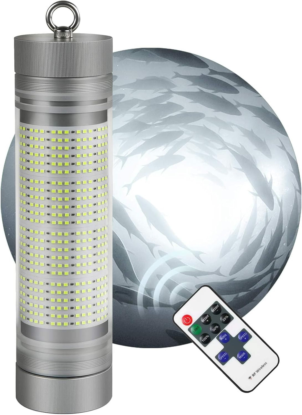Rechargeable Underwater Fishing Light, Built-in Battery & Cordless, Remote Dimmable, Auto-On in Water, IP68 Waterproof, Multi-Color, Suitable for Boat, Dock, Freshwater, and Saltwater