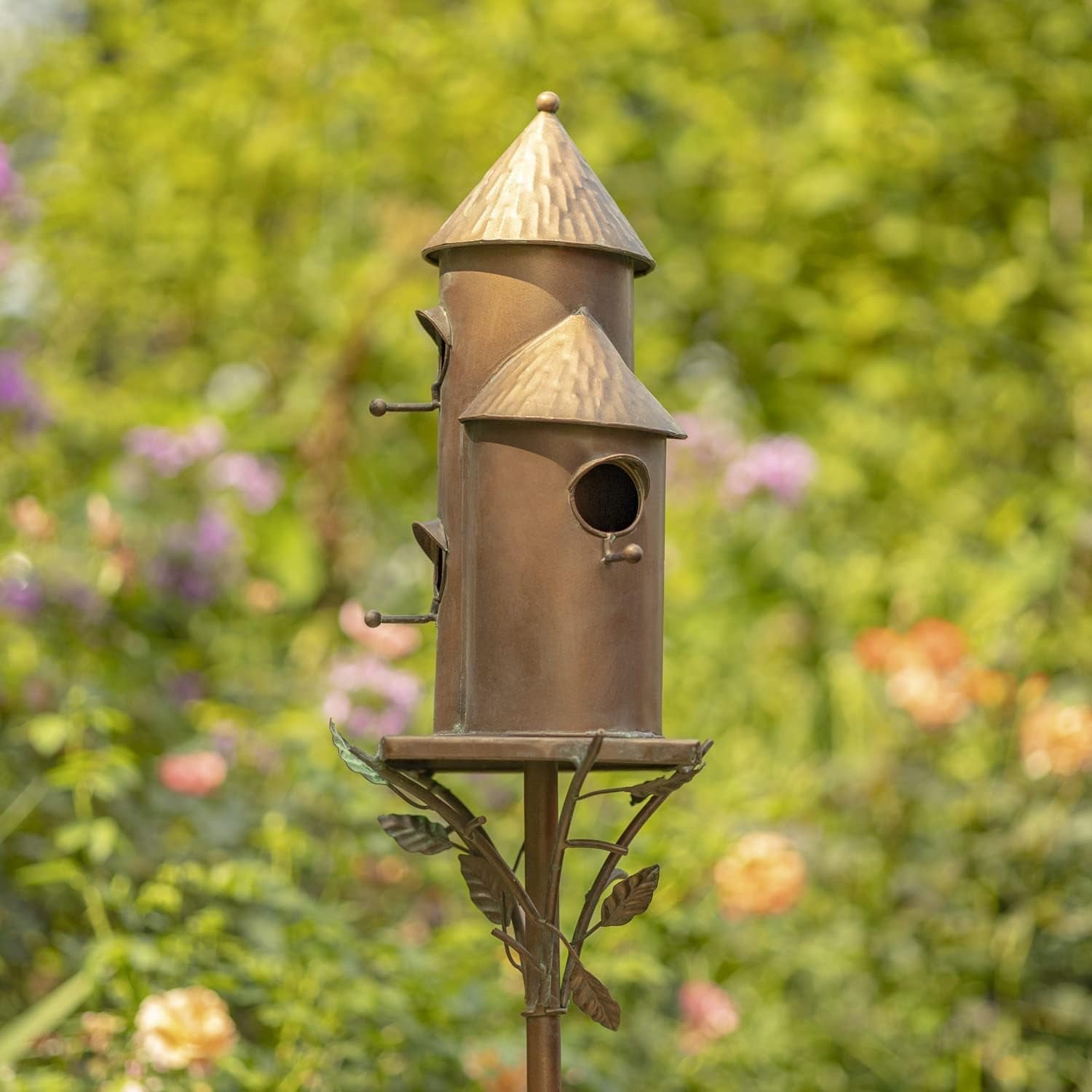 Zaer Ltd. Large Copper Colored Multi-Birdhouse Stakes, Room for 4 Bird Families in Each (Tall Triple Cylinder Homes (Copper Color))