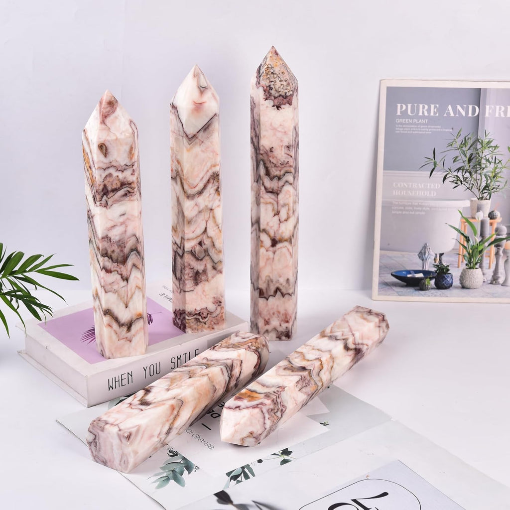 JIC Gem Natural Large Healing Crystal Wand 6 Faceted Colorful Jade Stone Obelisk Tower Point Decor Reiki Gift 2.6-3.0 Lbs