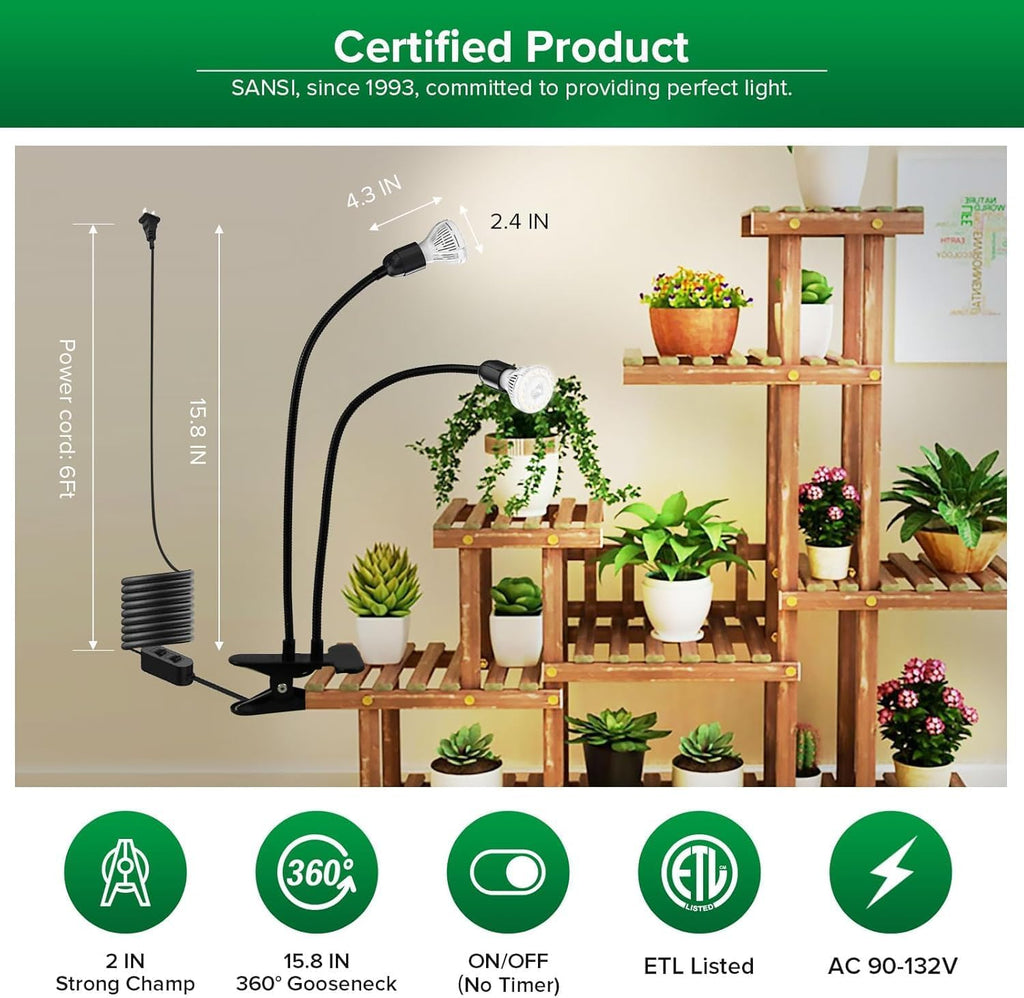 SANSI LED Grow Lights for Indoor Plants, Lifetime Free Bulb Replacement, 300W Full Spectrum Dual Gooseneck Clip Plant Grow Light with Optical Lens for High PPFD Growing Power Lamp,No Timer