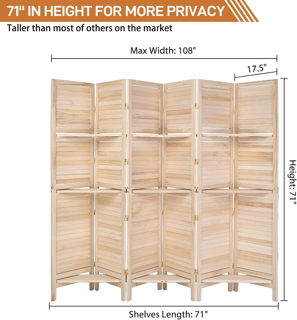 Bonnlo Wood Room Divider Privacy Screen, 5.9 Ft Tall Folding Partition Wall Divider, Indoor Freestanding Hinged Space Separator (Natural, 6 Panel with Shelves)