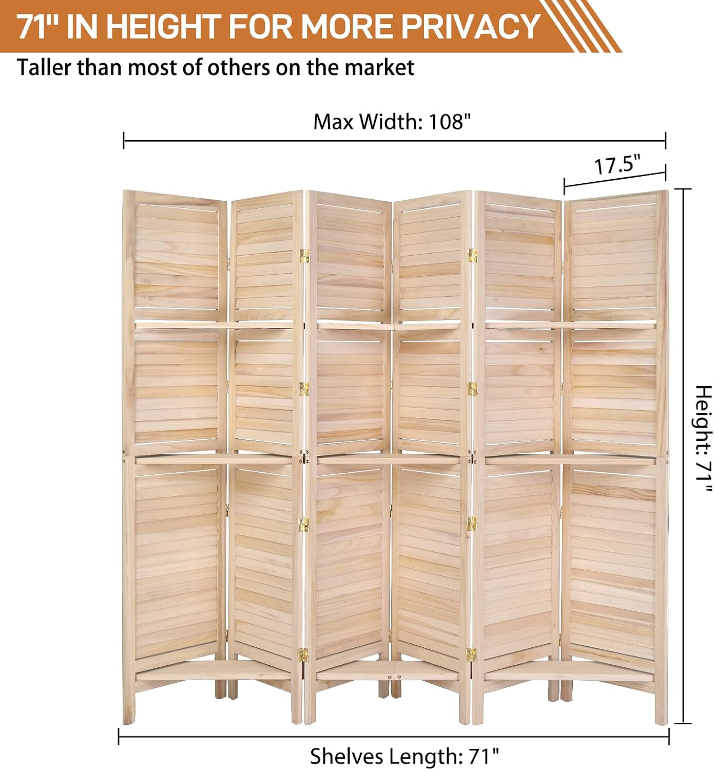 Bonnlo Wood Room Divider Privacy Screen, 5.9 Ft Tall Folding Partition Wall Divider, Indoor Freestanding Hinged Space Separator (Natural, 6 Panel with Shelves)