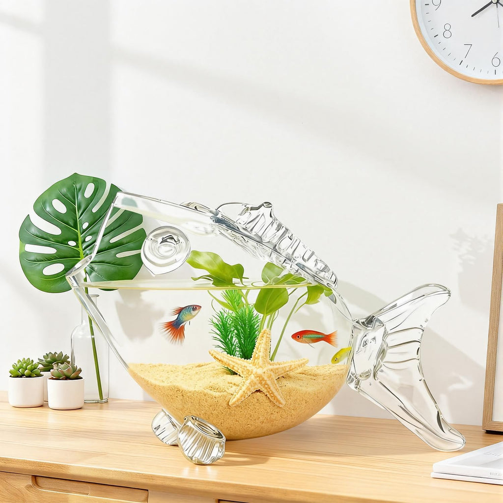 Fish Shaped Fish Bowls - Goldfish-Shaped Design Thickened High Transparency Glass Aquarium Tank for Small Fish Easy Setup for Office Desk & Bedroom Decor Home Pet Lovers（L）
