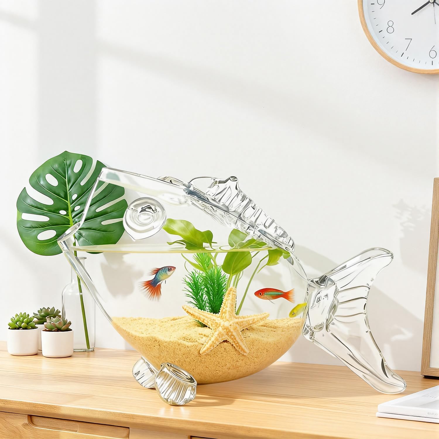 Fish Shaped Fish Bowls - Goldfish-Shaped Design Thickened High Transparency Glass Aquarium Tank for Small Fish Easy Setup for Office Desk & Bedroom Decor Home Pet Lovers（L）