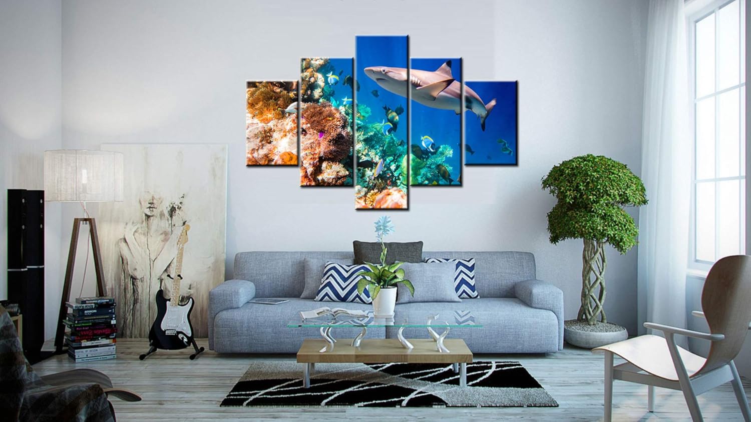 Shark Artwork for Walls Underwater World Picture Tropical Fishes Painting Multi Panel Prints Canvas Coral Reef Wall Art Home Modern Decor Stretched and Framed Ready to Hang in Living Room(60''Wx40''H)