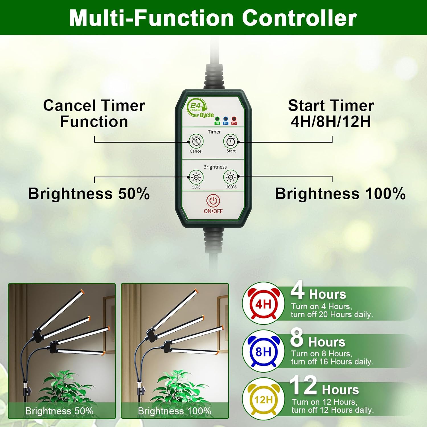 YEOLEH Floor Lamp Grow Light for Large Tall Plants Indoor, 6000K White Full Spectrum Plant Growing Light with Red Blue LED, Foldable Light Strip, Dimmable & Timer Function, Height 17-62‘’