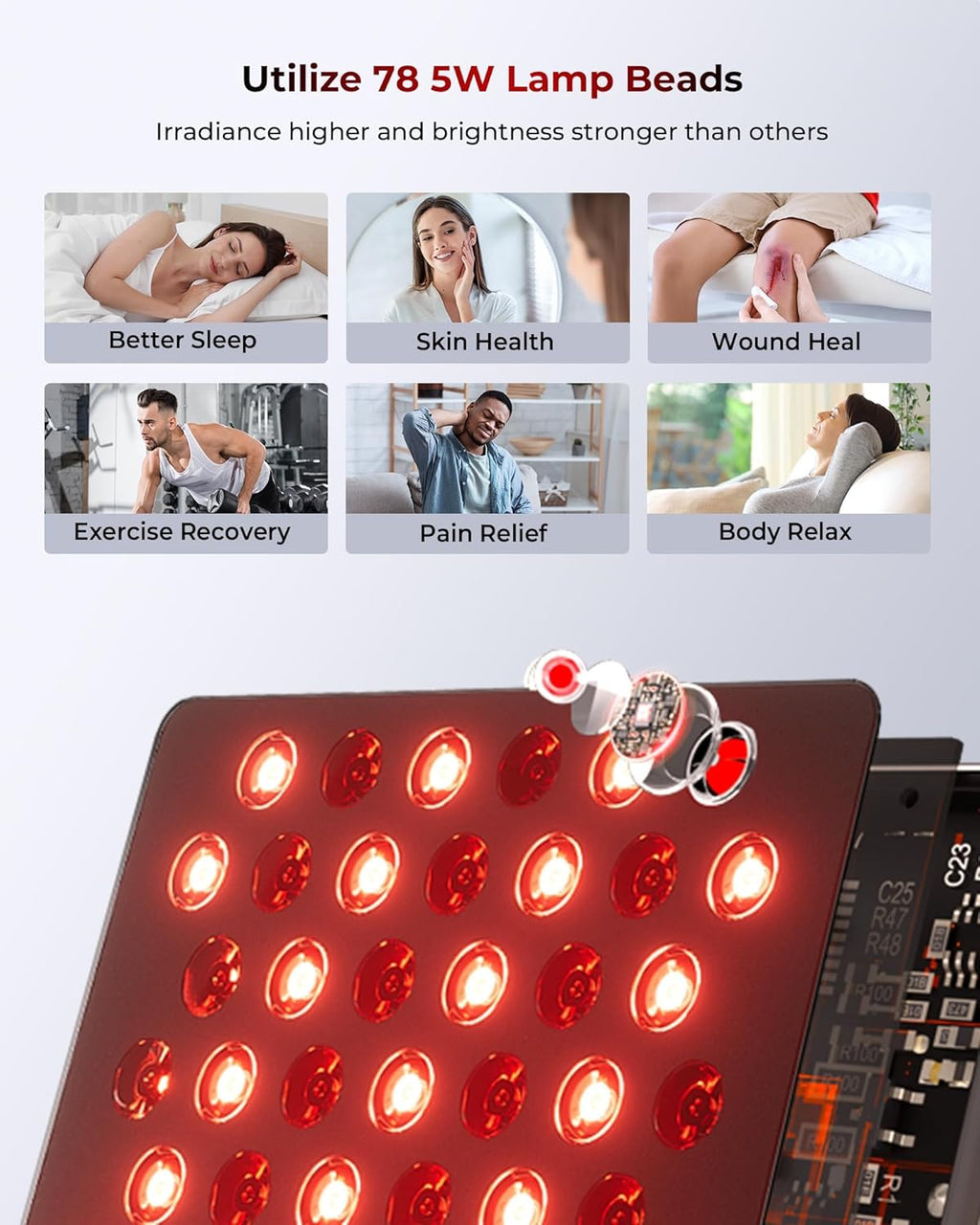 Red Light Therapy Panel with 7 Wavements - 78 LEDs 3+4 Chips, Blue Light, Red and Near Infrared Light Therapy Devices for Body and Face, Clinical Grade RLT Led Pad Great to Use at Home, Office, Gym
