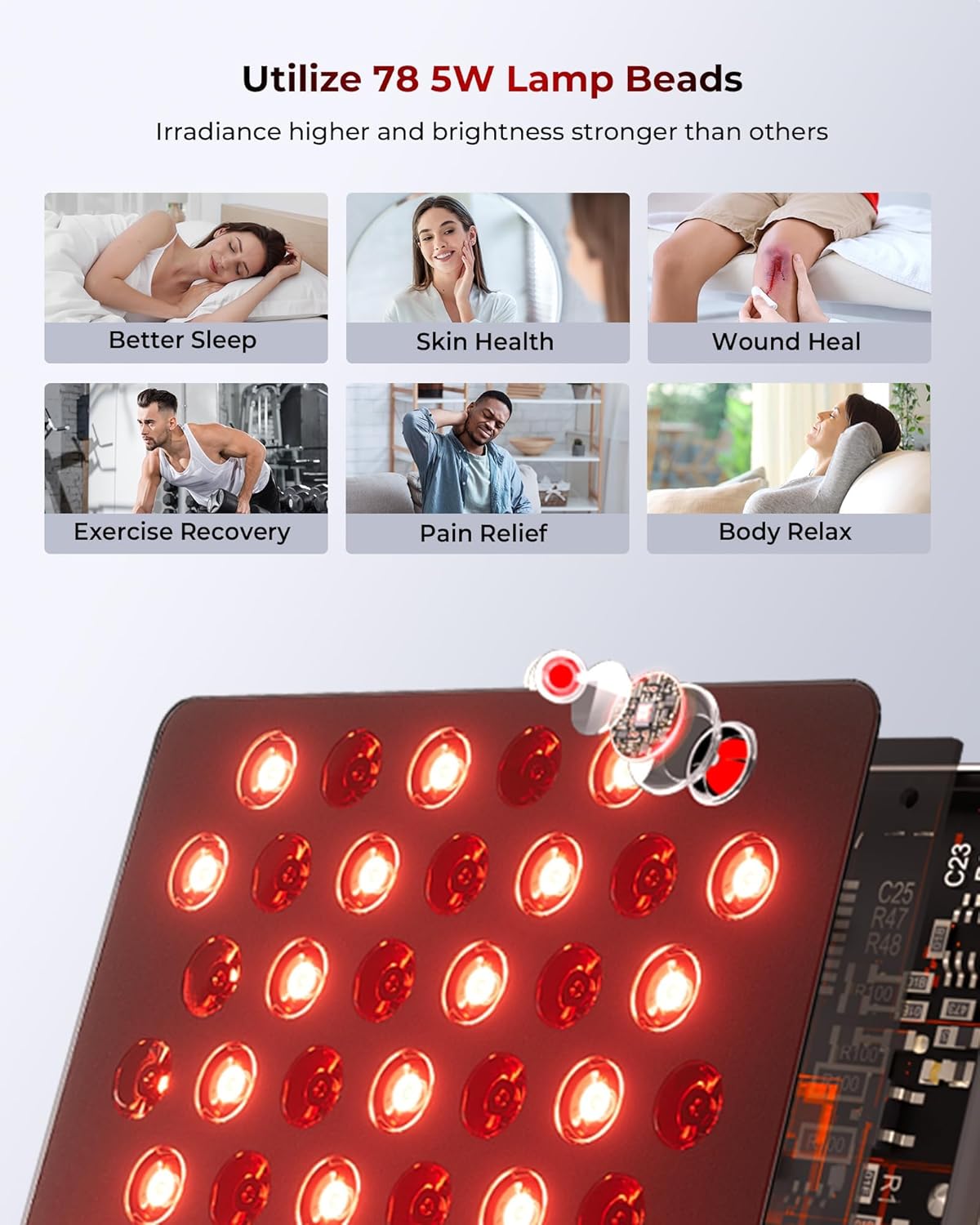 Red Light Therapy Panel with 7 Wavements - 78 LEDs 3+4 Chips, Blue Light, Red and Near Infrared Light Therapy Devices for Body and Face, Clinical Grade RLT Led Pad Great to Use at Home, Office, Gym