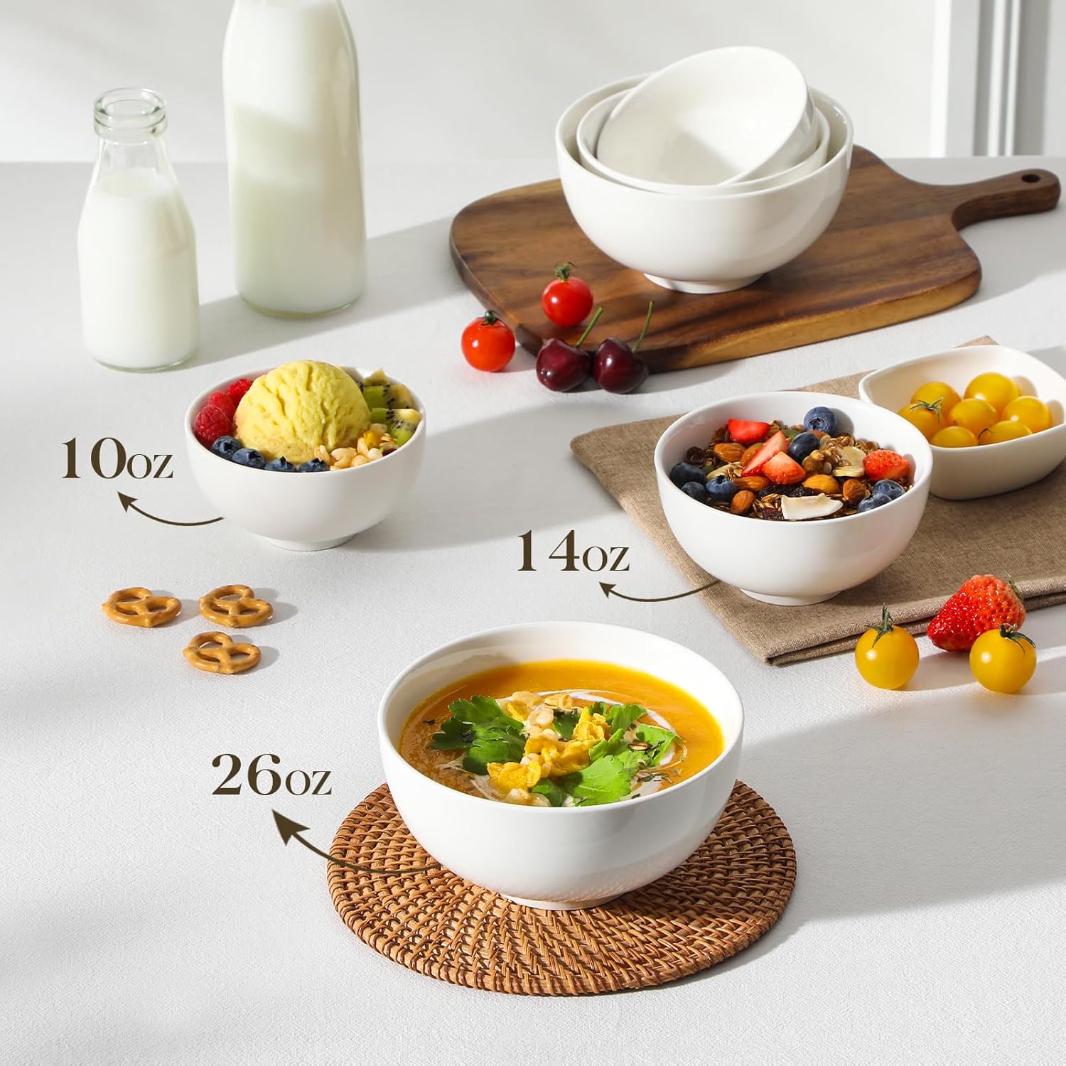 MALACASA Small White Bowls Set of 8, 10 Oz Ice Cream Bowls - Little Ceramic Bowls for Bouillon,Side Dishes, Dessert, Oatmeal, Fruit, Portion Control - Dishwasher & Microwave Safe.