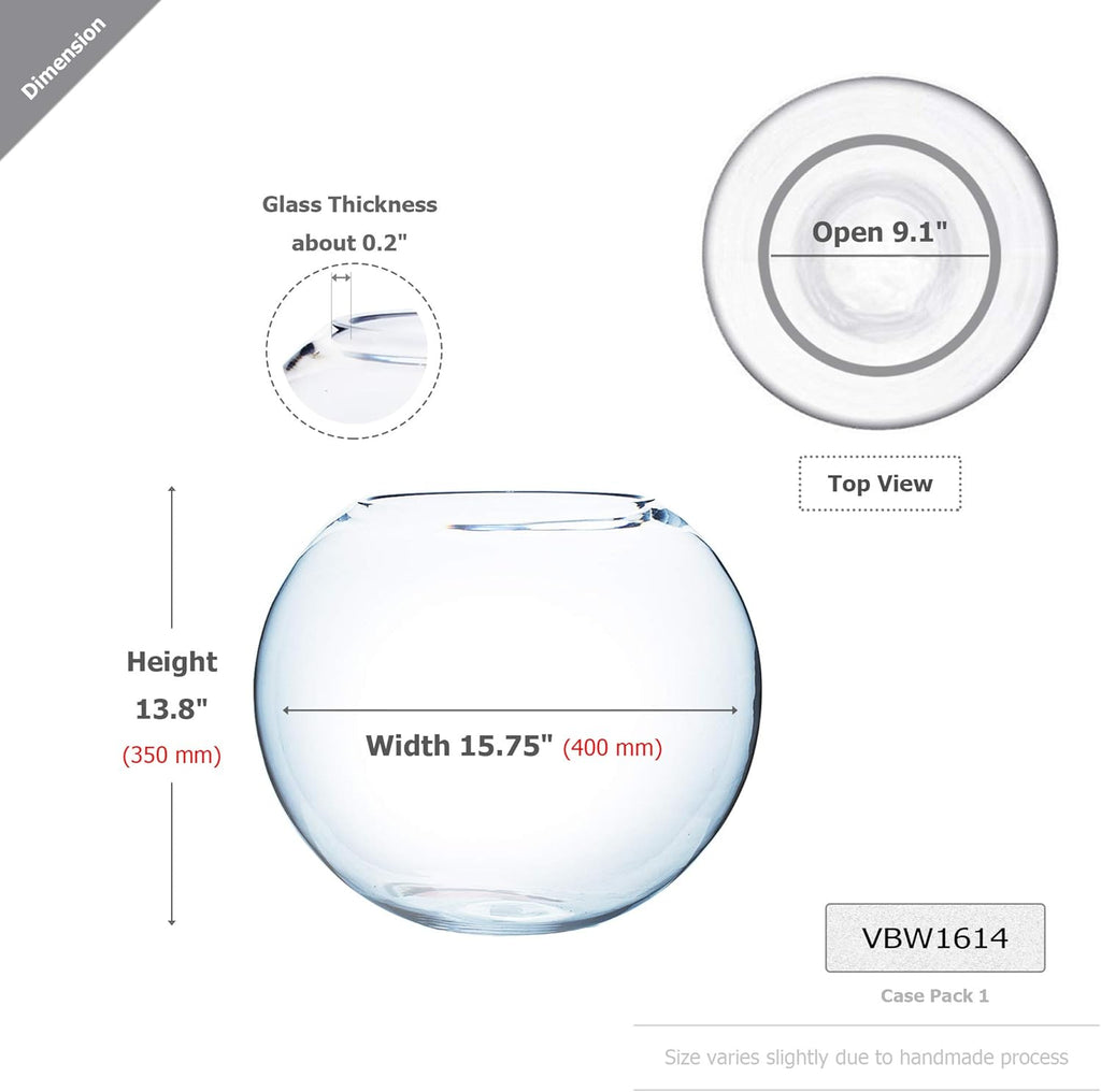 WGV Large Bowl Glass Vase, Diameter 16", Height 14", (Multiple Sizes Choices) Clear Huge Round Bubble Vase Jar, Floral Planter Terrarium for Wedding Event Home Decor, 1 Piece (VBW1614)