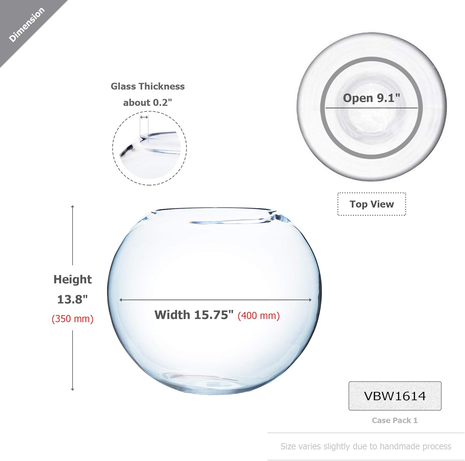 WGV Large Bowl Glass Vase, Diameter, Height, (Multiple Sizes Choices) Clear Huge Round Bubble Vase Jar, Floral Planter Terrarium for Wedding Event Home Decor (15.8" D)