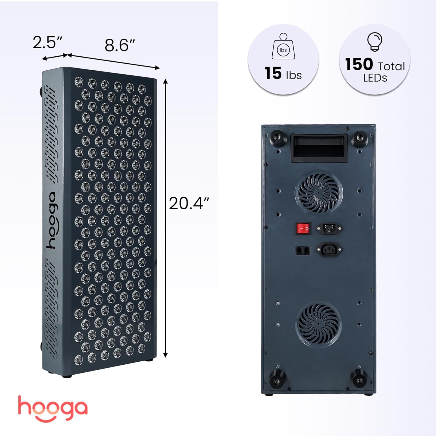 Hooga Red Light Therapy, Red Near Infrared LED Panel, 150 Quad Chip Flicker Free LEDs, Ultra Series, Clinical Grade Device for General Health and Wellness. ULTRA750.