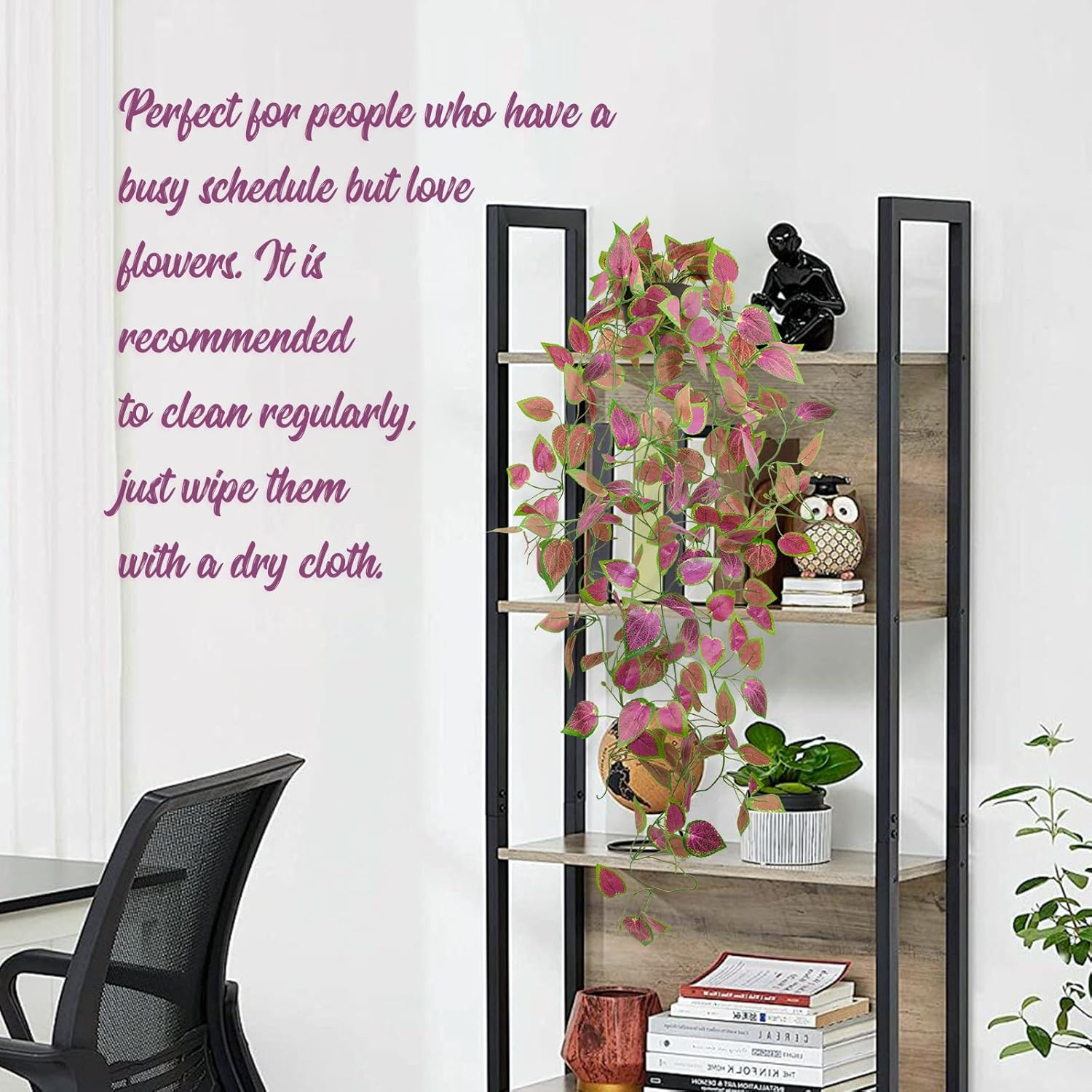 LOYWREE Artificial Purple Ivy Hanging Vine Plants - Small Potted Long Trailing Cascading Foliage, Gothic Home Decor for Indoor/Outdoor, Office, Garden & Shelf (Black Pot Included)