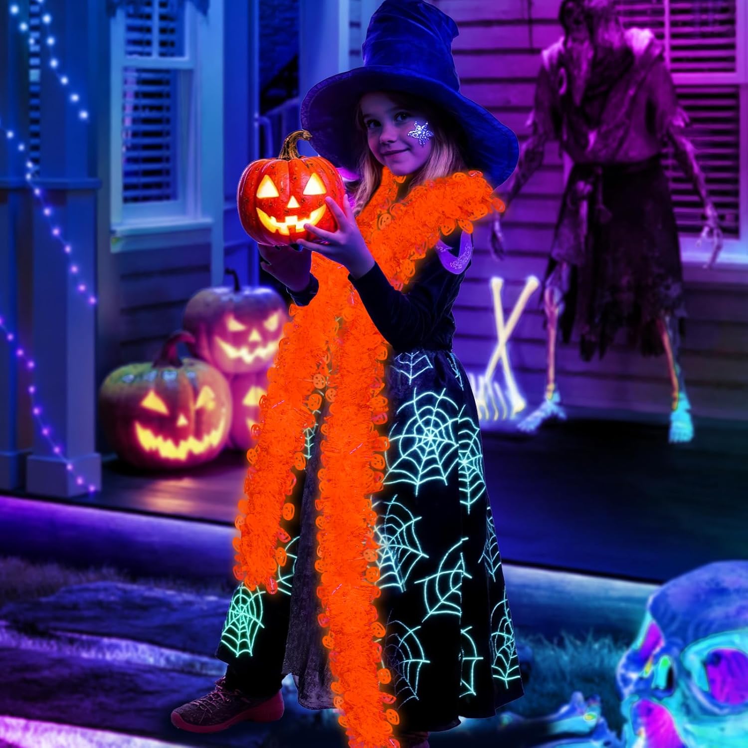 Mega-L Neon Halloween Party Decorations, 26ft Fluorescent Orange Pumpkin Garland Banner Glow in the Dark Party Supplies Cute Hanging Ceiling Decors for Birthday Home Wall Fence Porch Black Light Party
