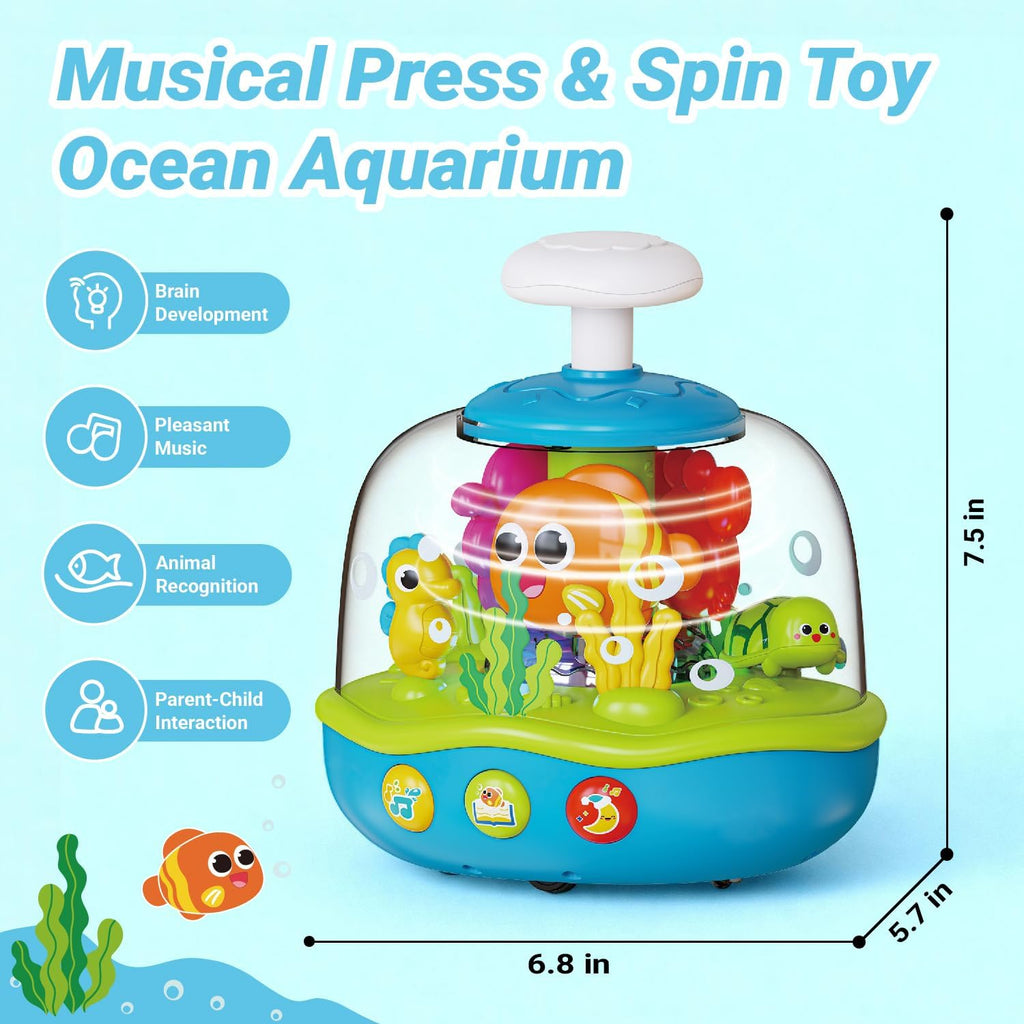 MoraBaby Baby Toys 6-12-18 Months, Press & Spin Aquarium Musical Light Up Toy | Bilingual Learning Educational Cause and Effect Toy for 1 Year Old Boy Girl, Christmas Birthday Gifts for 1-3 Year Old