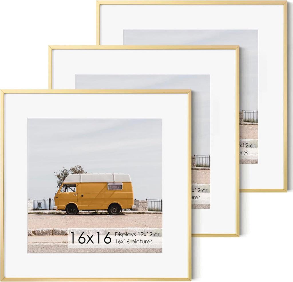 Fun Memories 16x16 Metal Picture Frame with 12x12 Mat, Brushed Aluminum Finish, Tempered Glass Front, and Attached Hanging Hardware - Wall Display Frames for Vertical or Horizontal Set of 3 - Gold