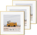 Fun Memories 16x16 Metal Picture Frame with 12x12 Mat, Brushed Aluminum Finish, Tempered Glass Front, and Attached Hanging Hardware - Wall Display Frames for Vertical or Horizontal Set of 3 - Gold