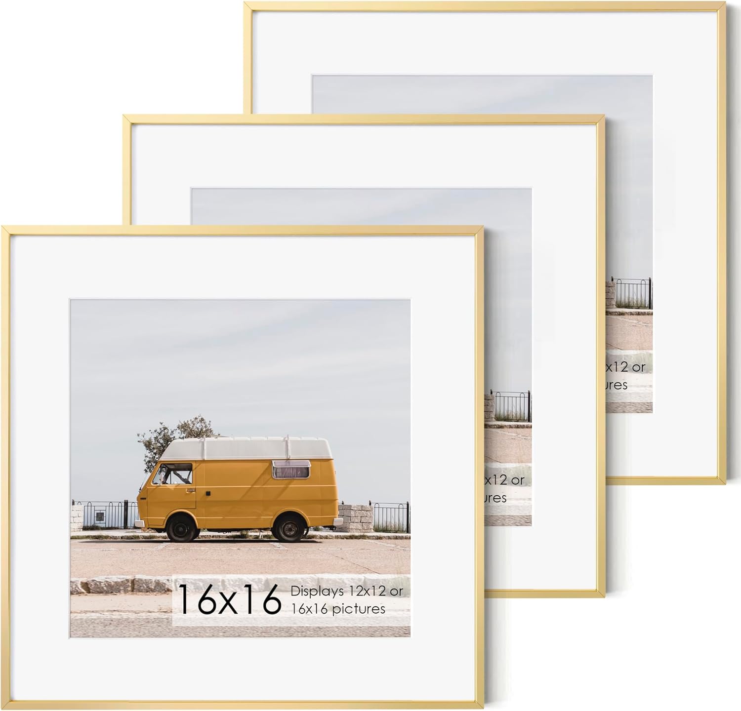 Fun Memories 16x16 Metal Picture Frame with 12x12 Mat, Brushed Aluminum Finish, Tempered Glass Front, and Attached Hanging Hardware - Wall Display Frames for Vertical or Horizontal Set of 3 - Gold