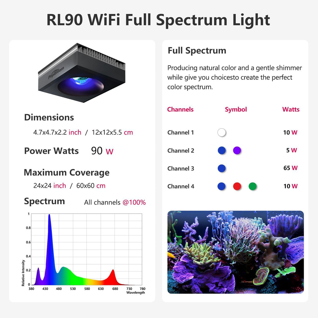 PopBloom RL90 Reef LED Light, 100W LED Aquarium Light Full Spectrum for 18 Inch to 24 Inch Fish Tank Aquarium Light Saltwater Fish Tanks Reef Aquarium Lighting