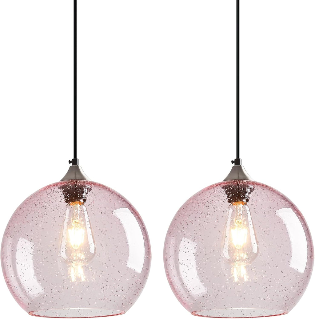 Pink Glass Pendant Lights Kitchen Island Globe Pendant Light Fixtures Modern Pendant Lighting for Bedroom Living Dining Room Light Fixture (9.84 in, 2 Pack)