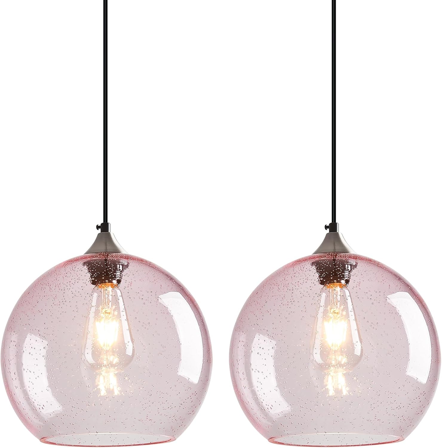 Pink Glass Pendant Lights Kitchen Island Globe Pendant Light Fixtures Modern Pendant Lighting for Bedroom Living Dining Room Light Fixture (9.84 in, 2 Pack)