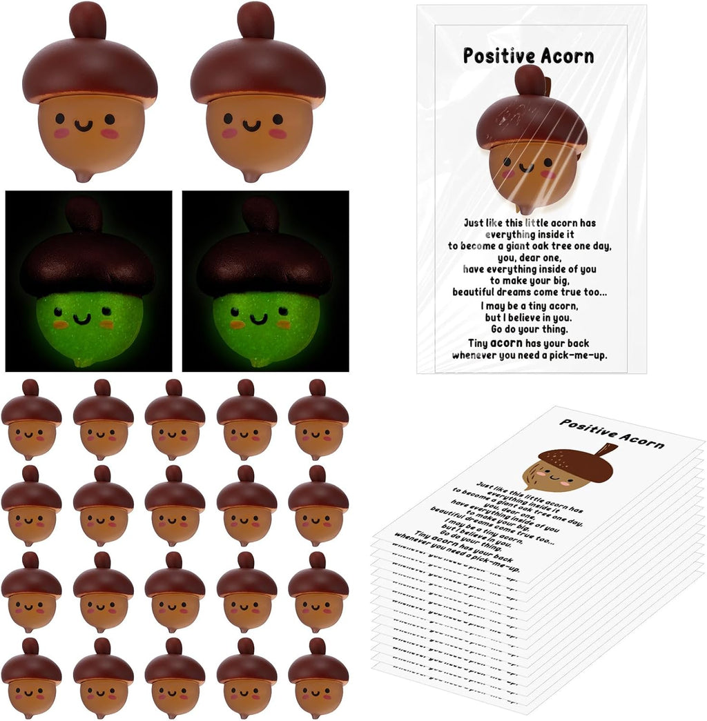 Wettarn 30 Sets Emotional Luminous Acorn Stress Ball Gift Bulk Office Christmas Party Favor Cute Positive Acorn Squeeze Mini Stress Relief Ball Inspirational Card for Coworker Staff Nurse